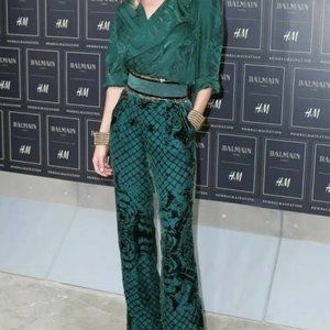 BALMAIN x H&M green Stunning Velveteen Patterned Silk Trousers Pants - Us 12